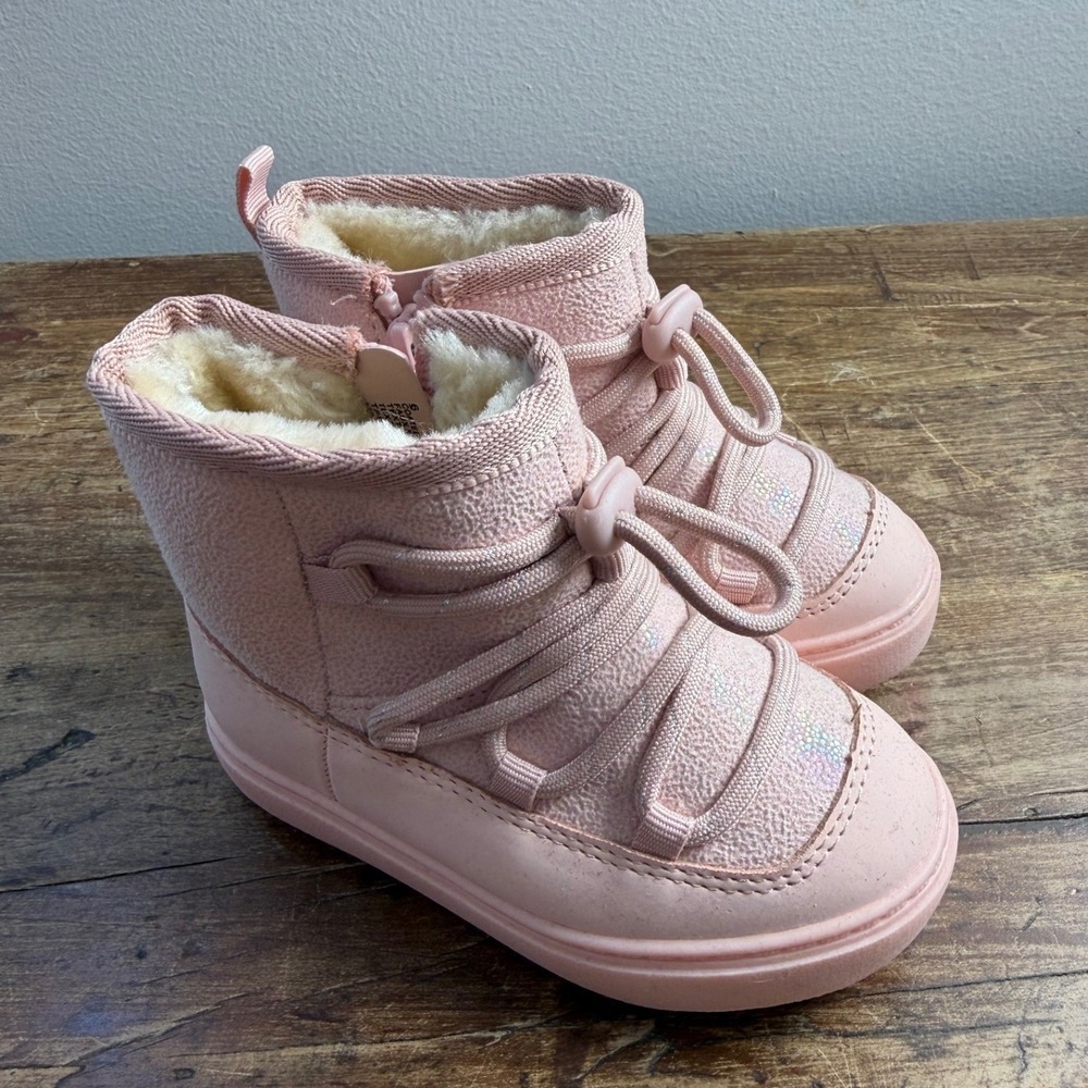 Cat & Jack Toddler Girls Pink Glitter Faux Fur Lined Winter Boots Size 6